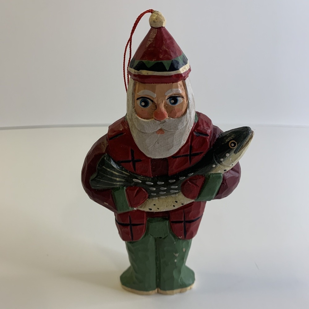 Vintage SANTA Ornament figurine Wood‎ Signed By Randy Tate Holding A Salmon 6"